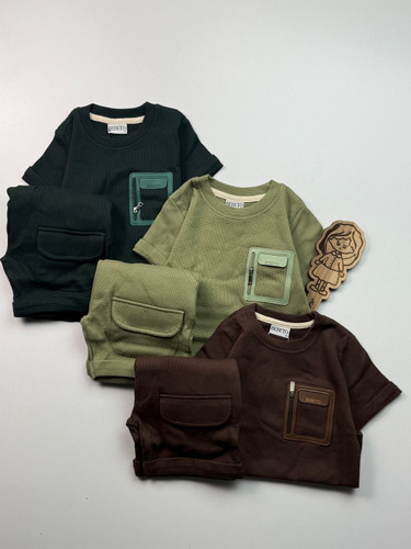 تیشرت شلوارک بیسکوییتی جیب چرمی